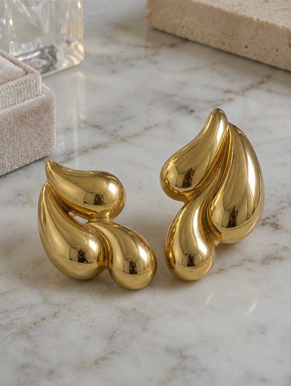 18K Gold Plated Stainless Steel Molten Teardrop Drop Earrings Sculptural 1.2"